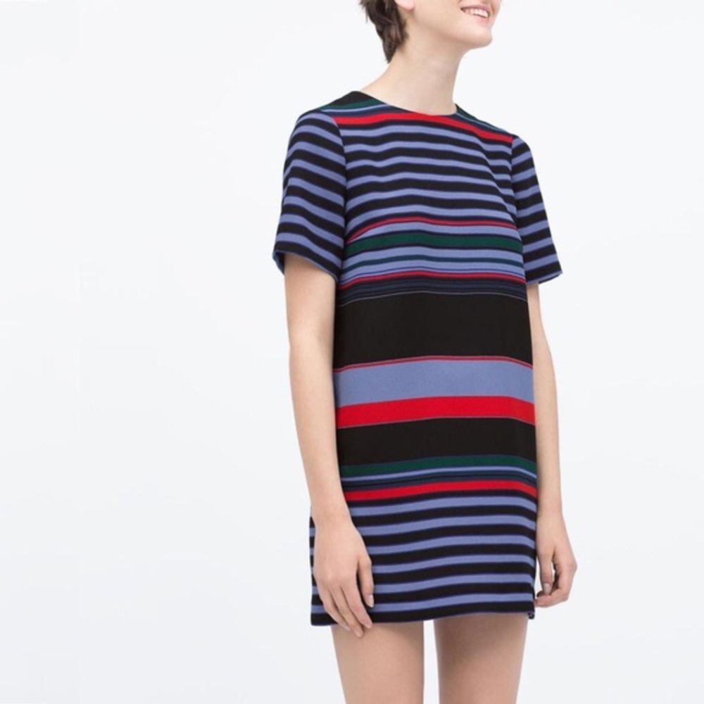 ZARA Striped Sheath Dress Blue Red Green | XS